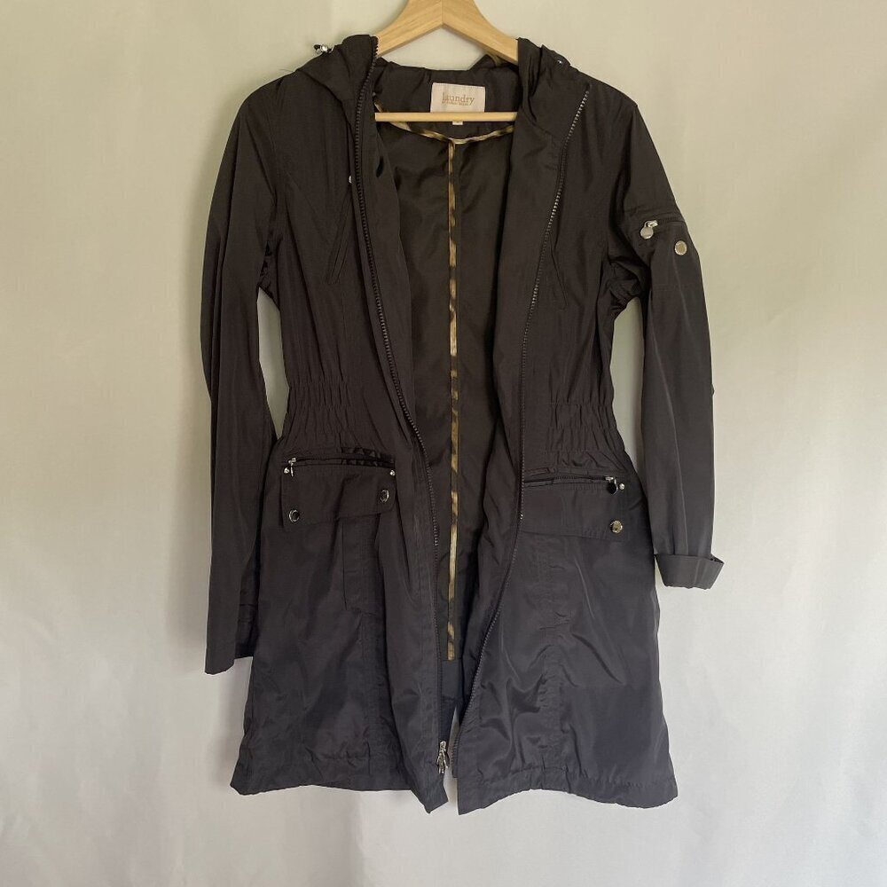 Laundry by Shelli Segal chic raincoat dark gray color hooded pockets‎ women's S
